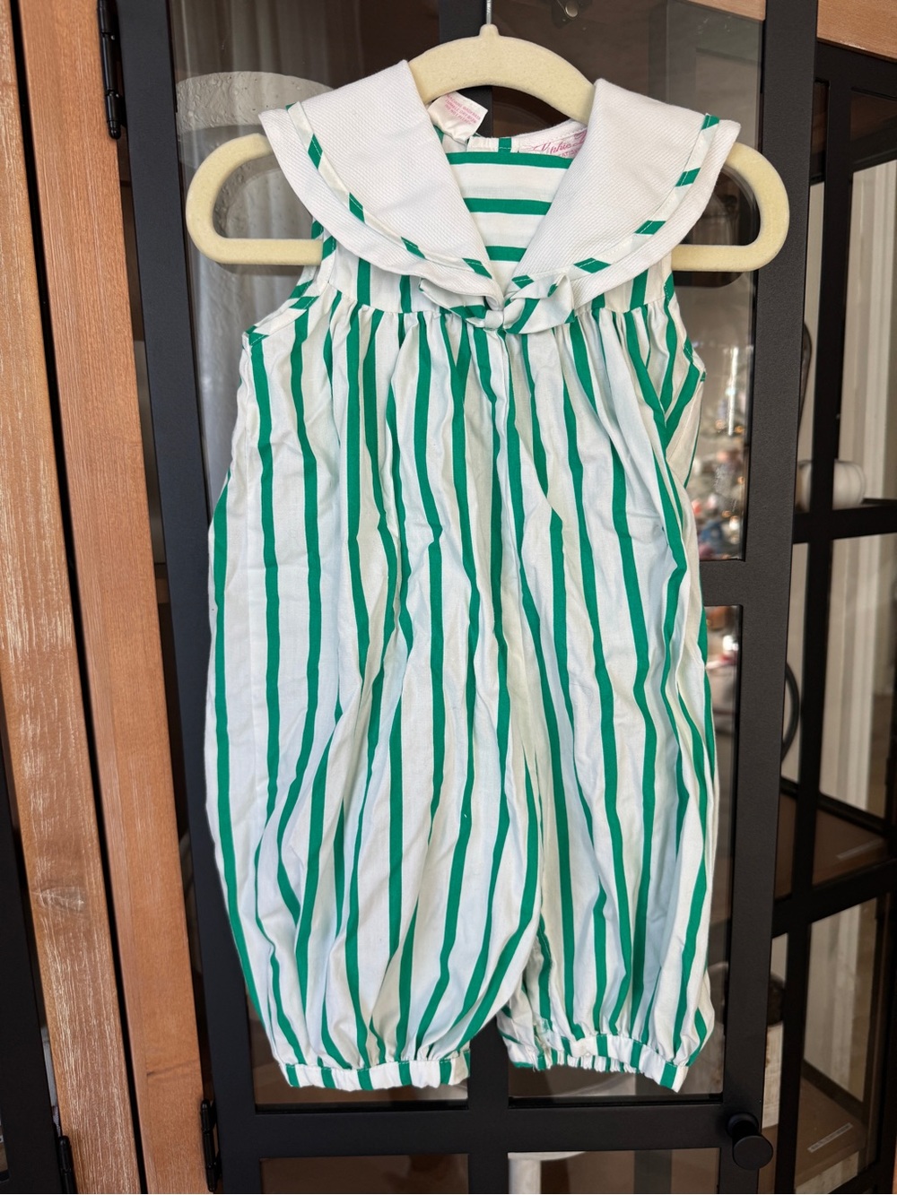 Vintage 90s Sailor romper striped collar kelly green baby girl sleeveless 80s
